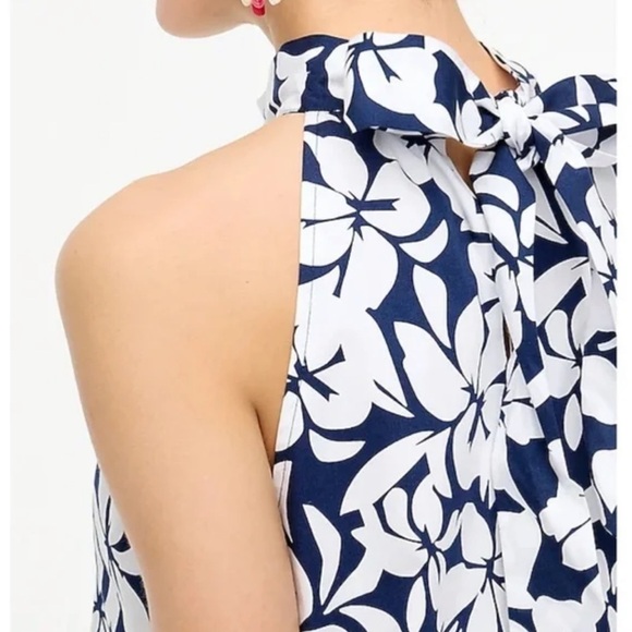J Crew Bow Neck Halter Cotton Mini Floral Tropical Shift Dress Navy White Size 0 - Picture 6 of 17